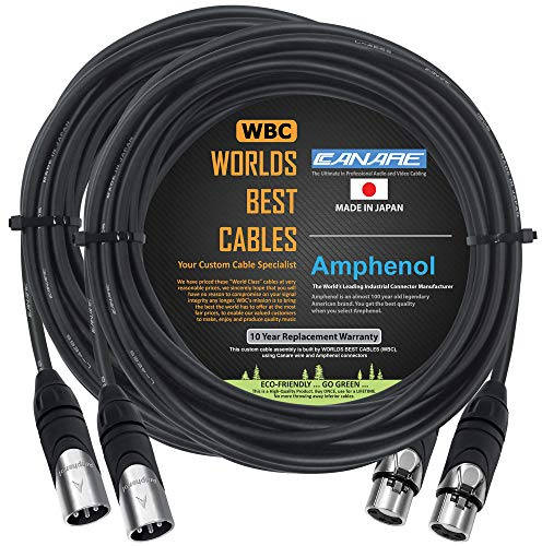 WORLDS BEST CABLES 2 Units - 15 Foot - Canare L-4E6S, Star Quad Balanced Male to Female Microphone Cables with Amphenol AX3M & AX3F Silver XLR Connectors - Custom Made
