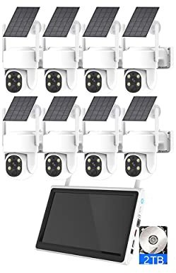 Kit de cámara de Seguridad de energía Solar WiFi inalámbrica de 8 Canales con Monitor NVR, Sistema de cámaras de vigilancia Solar de 4MP con detección de Movimiento, con Disco Duro 2T