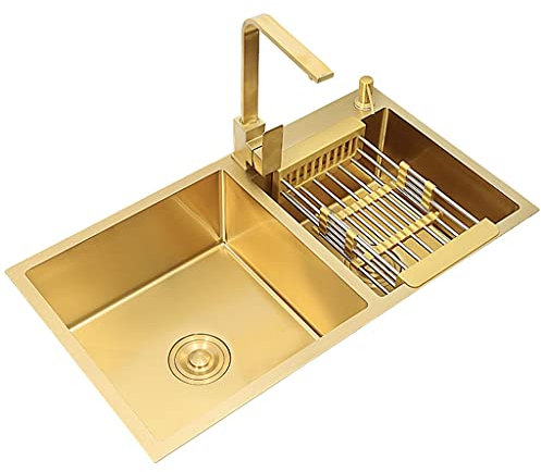 OQHAIR Cucina Lavello Dorato Addensato Lavello a Doppia Vasca Lavello da Cucina in Acciaio Inossidabile Lavandino da Bagno Quadrato Grande Installazione sul palco e Fuori dal palco Lavell