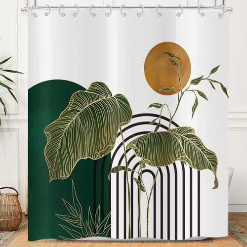 Hnmdmyi Duschvorhang Boho 180x200, Mid Century Abstrakt Grün Smaragd Blätter Geometrische Linien Modern Minimalistisch Sonne Ästhetisch Badewanne Vorhang Wasserdicht Polyester Stoff Badevorhang