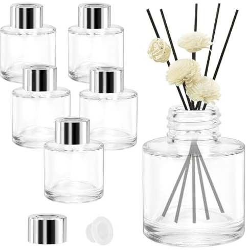 EMAGEREN 6pcs Round Glass Diffuser Bottles 50ml Fragrance Reed Diffuser Bottles Essential Oil Fragrance Reed Holders Diffuser Jars Containers Aromatherapy Diffusers
