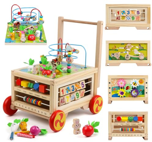 Wooden Activity Cube 7-in-1 Montessori Toy Multipurpose Educational Learning Toy for 1+ Year Old Baby Toddler Kid Boy First Birthday Gift Bead Maze Gear Number Animal Board Carrots Harvest Game