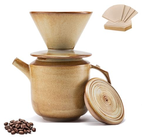 AZYM Pour Over Coffee Maker Set,with Lid and V60 Paper Coffee Fliters 20 Counts,High Heat Resistant Vintage Coffee Carafe Dripper Set for Home Café Restaurant Camping Hiking(Yellow)