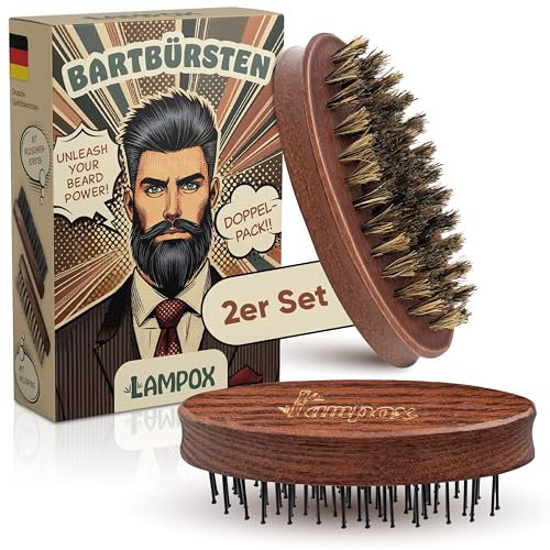 lampox Spazzola per barba da uomo, per capelli corti, media e lunghi, per la cura quotidiana della barba di 3 giorni o barba piena (set da 2)