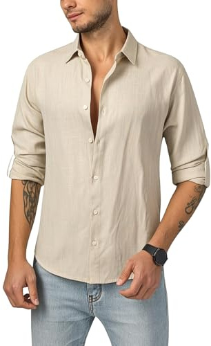 TONY BACKER Camicia da Uomo in Lino, Maniche Lunghe, Scollo a V, Stile Casual, Chiusura a Bottoni (IT, Testo, S, Regular, Regular, Khaki)