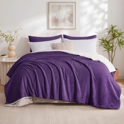 Aisbo Sherpa Fleece Throw Blanket Purple - Fluffy Thick King Size Blanket Extra Large Throw for Bed, Warm Soft Solid Microfiber Throws for Couch Sofa, 200x240cm