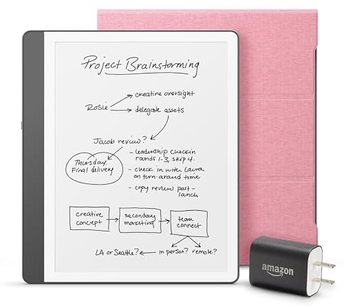 New Amazon Kindle Scribe Essentials Bundle including New Kindle Scribe (32 GB) - Tungsten, Premium Pen, Fabric Folio-Rose, and Power Adapter