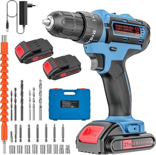 Taladro Atornillador 21V con 2 Baterías & 24 Accesorios, 3 en 1 (Atornillar/Taladrar/Percusión), 25+3 Niveles de Par, 2 Velocidades, LED – Ideal para Hogar y Montaje de Muebles