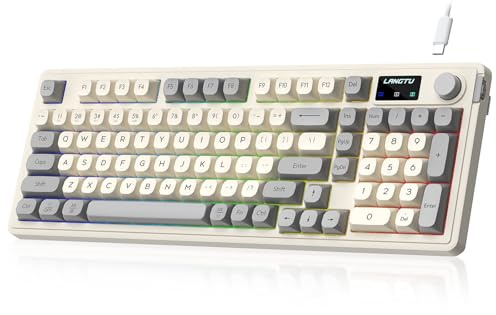 AIKULLI L98 Gaming Keyboard Wired, Cute Creamy Keyboard with Number Pad, Media Knob RGB Backlit, Quiet Office Computer Keyboards for PC Mac Laptop (Creamy Gray - Wired)