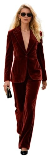 Botong Costume 2 pièces en velours pour femmes avec col à revers en pointe, costume de travail de bureau, smoking de mariage, ensemble blazer et pantalon, bordeaux, XXL