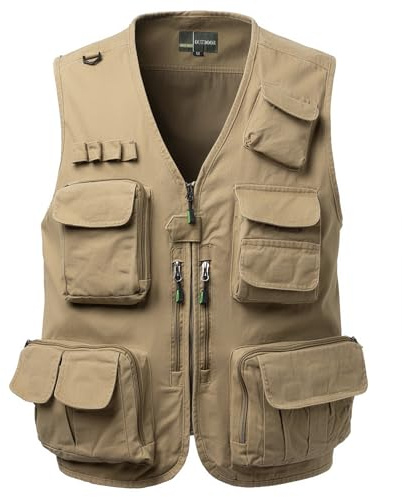 Yukirtiq Homme Gilet de Pêche Multipoches Veste Sans Manches de Travail Journaliste Gilet de Chasse Reporter, Kaki, L