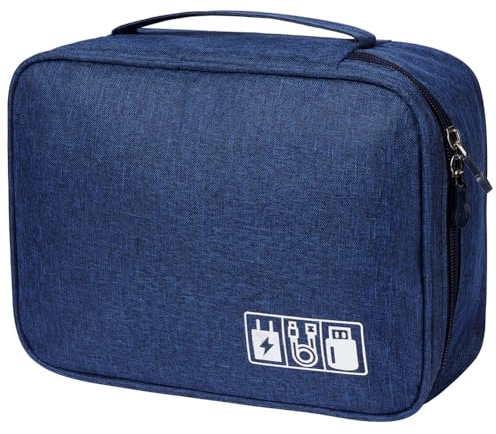 OFFCUP kabelväska resväska elektronikorganisatör kabelväska med 2 fack, 24x18x10 cm vattentät kabelorganisatör elektroniktillbehör för kablar, USB, hårddiskar, SD-kort, laddare (blå)