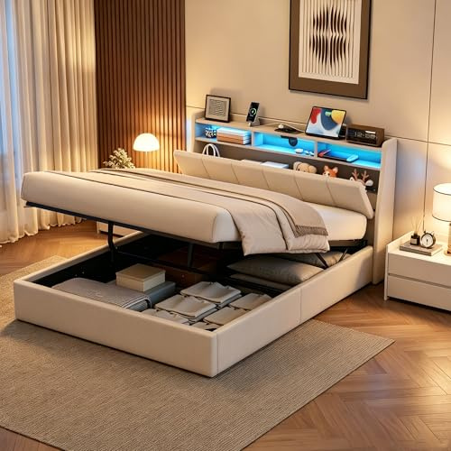 Mydtt Polsterbett 140x200 cm Bett mit Stauraum, Doppelbett LED Stauraum Kopfteil mit USB/TypC und Steckdose, Hydraulisches Stauraumbett Bettgestell mit Lattenrost, Ohne Matratze, Leinen Beige
