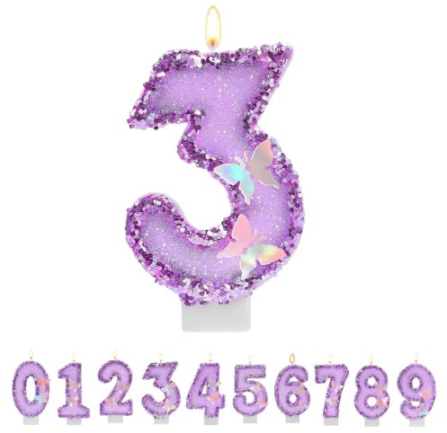 TESGADGETS Velas de cumpleaños Lila con número 3, Velas de cumpleaños combinables con Mariposa para Tarta, Vela Brillante con el número 3 como Adorno para Celebraciones de Aniversario