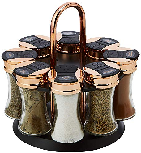 Tower Rose Gold, Rotating Spice Rack with 8 Jars, Pre Filled with Spices