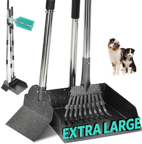 Bamda Cuchara para excrementos de perro, 106 cm, con mango largo ajustable, bandeja de rastrillo de metal duradera para perros grandes, medianos y pequeños, pala para excrementos para césped, hierba,