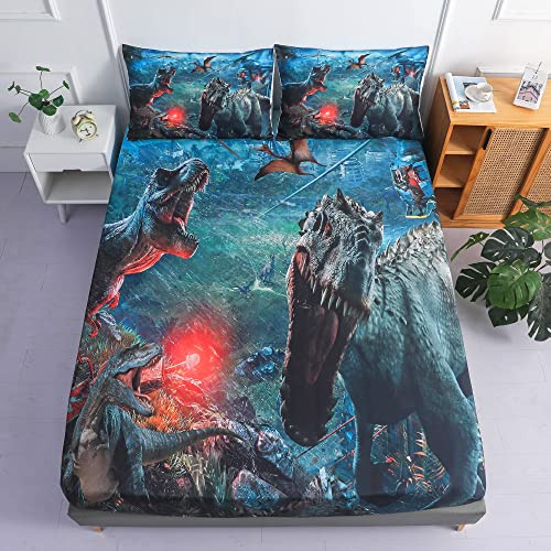 Roscloud Kids Dinosaur Sheet Set - Queen Size Boys Dinosaur Bed Set - 3 PC 3D T-Rex Triceratops Tanystropheus War Bed Fitted Sheet (Fitted Sheet x 1 Pillowcase x 2)
