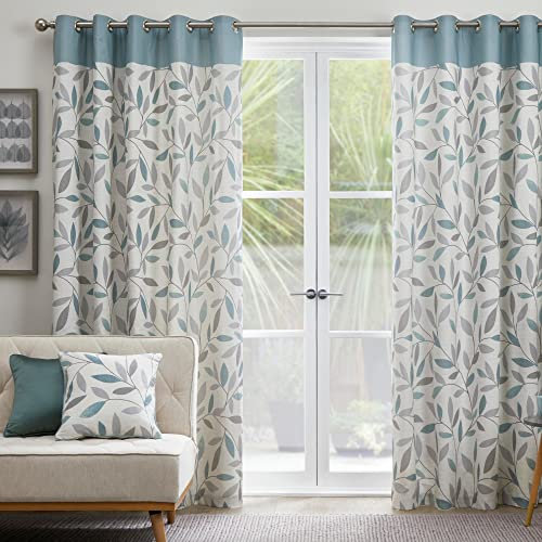 Fusion Duck Egg Blue Leaf Curtains W90 x L90 (229x229cm) – 100% Cotton – 2 Panels – Eyelet – Blue Floral Bedroom & Living Room Drapes – Beechwood Collection