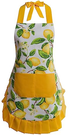 Alex Virtue Vintage Floral Apron for Women with Functional Pockets Adjustable Neck Strap for Cooking Baking Mother's Gift (Lemon)