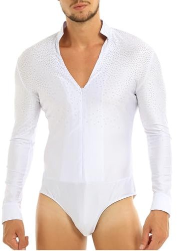 TTAO Herren Latein Hemd V-Ausschnitt Glitzer Body Einteiler mit Knöpfen im Schritt Trikot Tanz Kostüm Salsa Samba Chacha Moderne Tanz Shirts Weiß L