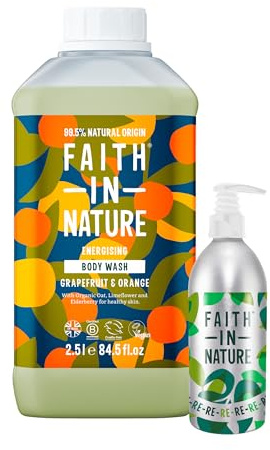 Faith In Nature Natural 2.5L Grapefruit & Orange Body Wash and 450ml Empty Aluminium Refill Bottle Set, Vegan & Cruelty Free, No SLS or Parabens