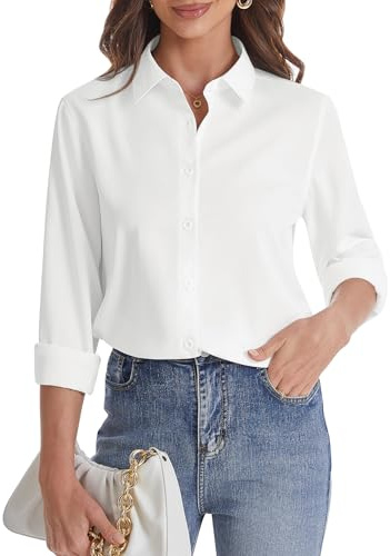 J.Ver Camisa de Manga Larga con Botones para Mujer, sin Arrugas, Ligera, de Gasa sólida, Blusa de Trabajo, Blanco, S