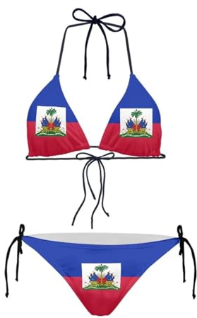 Psesaysky Ensemble bikini triangle sexy 2 pièces pour femme - Maillot de bain doux à nouer sur les côtés - Bikini dos nu, Drapeau Haïti, Taille S