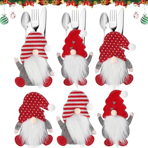 IHLOOTD Porte Couvert Noel 6 Pièces Couverts Decoration Table Pochette Deco Range Poupée Naine de Noël Sans Visage Couteau, Fourchette et Cuillère Sac à Décoration pour la Maison Fête Banquet