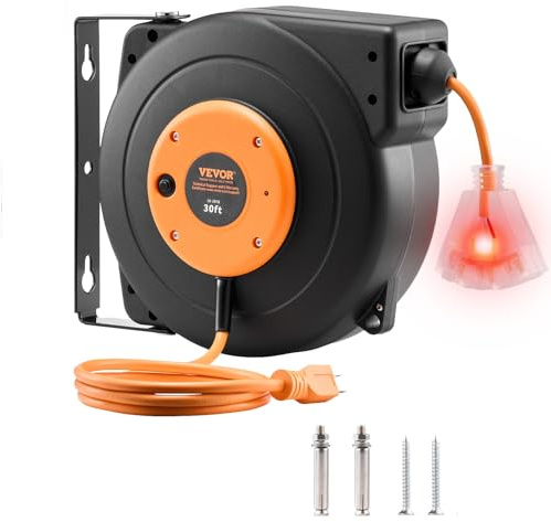 VEVOR Retractable Extension Cord Reel, 30 FT, Heavy Duty 16AWG/3C SJTOW Power Cord, with Lighted Triple Tap Outlet 10 Amp Circuit Breaker, for Ceiling or Wall Mount Garage and Shop, ETL Listed