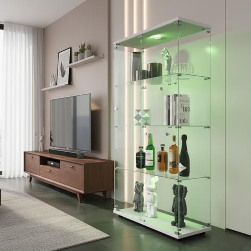 WOBOPCG Vetrinetta in vetro, vetrinetta con illuminazione LED, vetrina in vetro moderna, vetrinetta a piantana per soggiorno, ufficio, oggetti da collezione, libri, vino (4 ripiani, 2 porte + LED