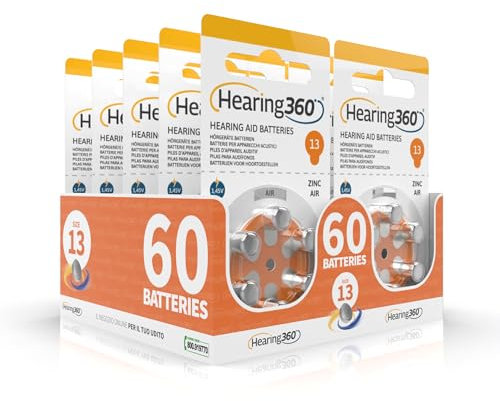 Hearing360 batterie per apparecchi acustici PR48 misura 13, pile senza mercurio extra durata e affidabilità (10 blister arancioni, 60 pile)