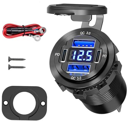 Uppgraderat 12 V USB-uttag – 4-i-1 billaddare adapter med QC3.0 aluminium laddningsuttag med voltmeter för bil båt marin truck golf RV