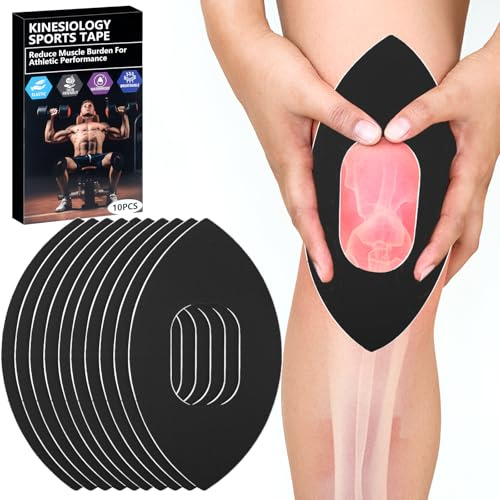 Kinesiology Tape, 10Pcs Precut Kinesiology Tape Knee, Sports Physio Knee Tape for Knee Pain, Waterproof & Elastic Athletic Kinesio Tape, Provide Support & Stability for Running Cycling Sports