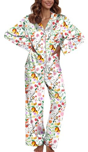 Ekouaer Pajamas For Women Set Silk Pjs 2 Piece Satin Sleepwear Long Sleeve Button Down Lounge Sets With Pant White Animals M