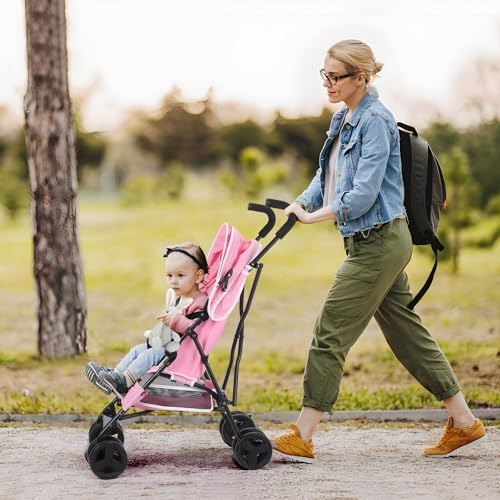 Baby Stroller, Travel Umbrella Stroller with Foldable Pushchair with Adjustable Canopy, Folding Infant Pram Stroller with Storage Basket, Cup Holder, Suspension Wheels for Infants 3-36M(Pink)
