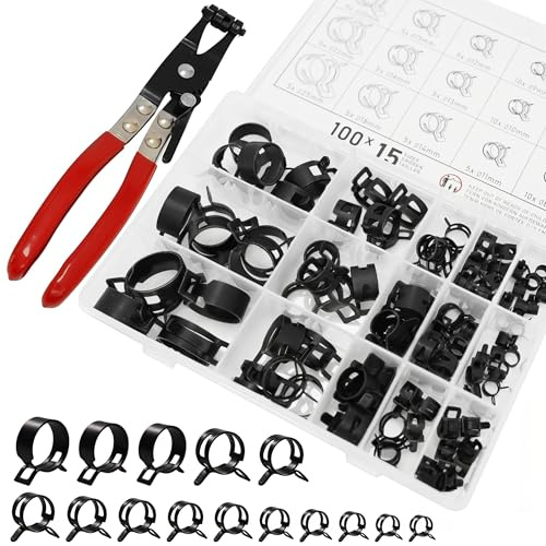 DEHHOO Spring Band Hose Clamp Assortment Kit with Swivel Clamp Pliers Constant Tension Radiator Hose Clamps for Fuel Line Silicone Vacuum Hose Air Tube and Water Pipe (100Pcs Spring Clamps with Plier)