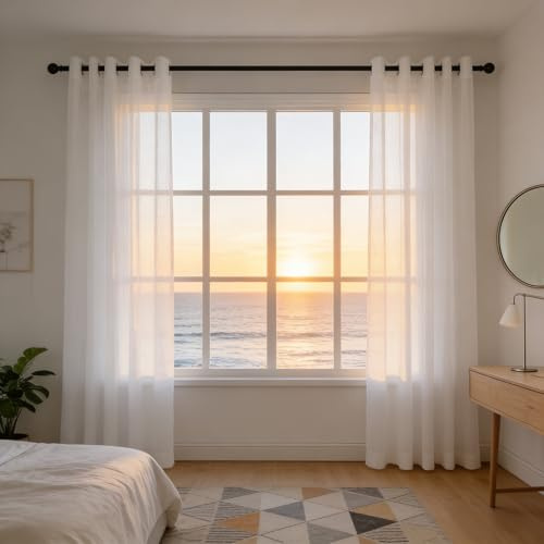 LIJIAO Tenda Bianca 130 x 60 cm con Occhielli, Effetto Lino, Semitrasparenti, Morbidi, Moderne Traspiranti e Decorative, Tenda Bianca Trasparenti a Vetro per Camera da Letto, Bianco