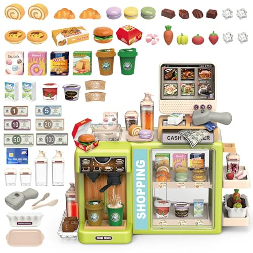 deAO 2-in-1 Pretend Play Coffee Shop, Supermarket Toy, Green Shopping Store | Kids Play Store Set with Cash Register, Coffee Machine, Shop & Food Accessories, Interactive Role Play Set, Gift for 3+ Kids