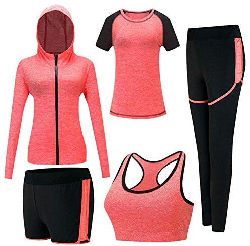 ZETIY Damen Traingsanzug Yoga Kleidung Anzug 5er-Set Sportanzüge Jogginganzug Gym Fitness Kleidung Laufbekleidung Sportswear Sport Yoga Outfit Damen BH Leggings Set - Orange - M
