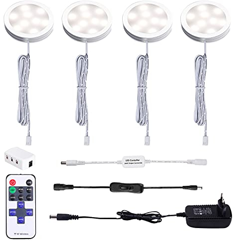 AIBOO LED Cocina Debajo de La Lámpara del Gabinete con Control Remoto Inalámbrico RF, Iluminación Empotrada Ultradelgada Redonda, 4 Packs de Luces LED para Escaparate 12V 8W(Blanco Natural 4000K)