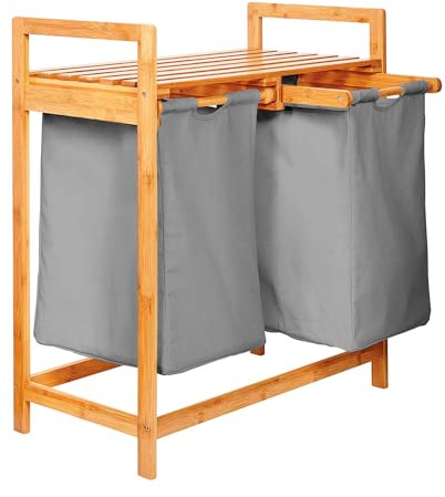 Lumaland Wäschekorb Bambus mit 2 ausziehbaren Wäschesäcken | Pflegeleichtes Material, unempfindlich gegen Nässe und leicht abwischbar | Höhe ca. 73cm x 64cm Breite x 33cm Tiefe [Dunkelgrau]