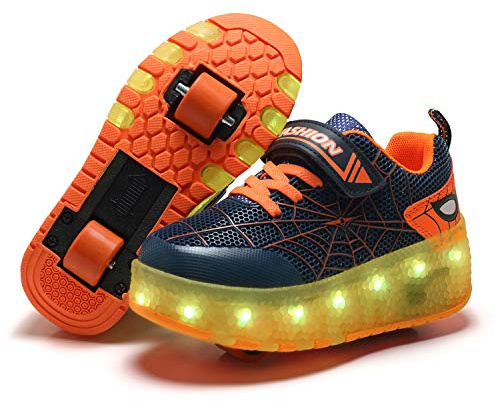 Unisex barn LED USB laddningsbar färgglad belysning gympaskor rullskridskor skor med dubbla hjul indragbara lätta utomhus sport crosstrainer gymnastik löpning sneakers för pojkar flickor, - Yellow808 dubbelhjul - 30 EU