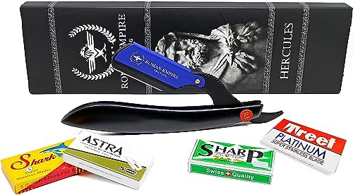 Rasoio a Mano Libera Hercules di Roman Empire Shaving | Rasoio per Uomo Professionale da Barbiere per Barba, Baffi e Contorni con Set di 20 Lamette (Astra-Sharp-Shark-Treet)