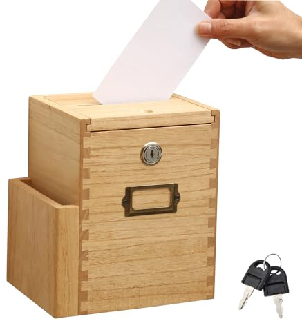 KIRIGEN Wooden Suggestion Box with Lock, Donation Ballot Box, Natural | Paulownia wood; plant oil finish; lockable door; 2 keys; side form pocket; wall mount or tabletop