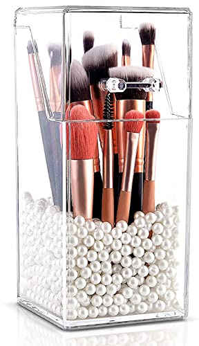 Alnicov Makeup Brush Holder with lid,Dustproof Cosmetic Brush Organiser Storage BoxBrush Organizer with Lid,Dustproof Makeup Brush Containers with White Pearls