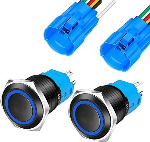 Gebildet 2pezzi 0.63 pollici/16 mm Metallo Nero Pulsante Momentaneo 12V-24V 3A LED 1NO1NC SPDT Acceso/Spento Impermeabile con Presa di Corrente (LED Blu)