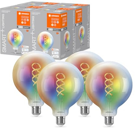 LEDVANCE Smart+ WiFi LED lamp, White Glass, 4.8W, 470lm, Globe Shape with 125mm Diameter & E27 Base, Adjustable Color & White Light, dimmable, app or Voice Control, Long Life, Pack of 4