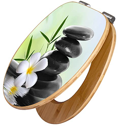 banjado Design WC Sitz Bambus Absenkautomatik 45,8x37,5cm / Toilettendeckel mit Absenkautomatik Holz/hochwertiger Bambus Klodeckel/WC-Sitz für gängigen Toiletten/Motiv Steine & Relax 6
