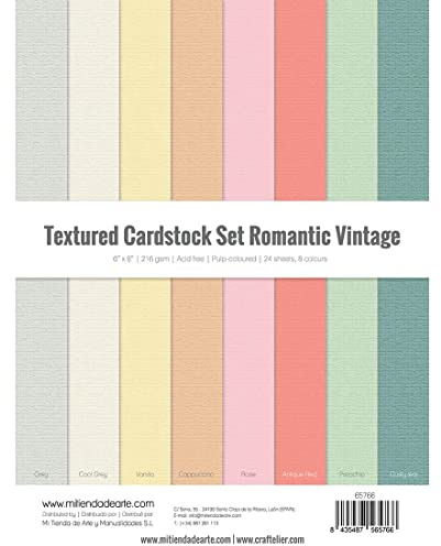 Craftelier - Cardstock Set Textura Romantic Vintage | Pack de 24 Cartulinas Doble Cara para Proyectos de Tarjetería, Scrapbooking y Manualidades | Gramaje 216 gr | Tamaño 15,24 x 20,32 cm (6 x 8)