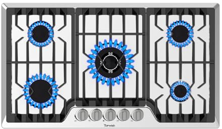 TOPWISH 36 Inch Gas Cooktop, Propane Stove Top with 5 ITALY SABAF Sealed Burners 41,800BTU, NG/LPG Convertible Built-in Stainless Steel Stovetop with Thermocouple Protection for Rvs Kitchen Outdoor